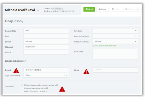 Obr. 12: Nutné údaje pro interakci se systémem docházky v nastavení osoby